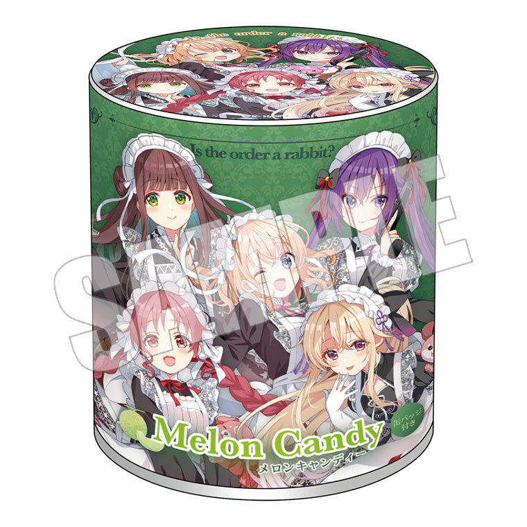 缶バッジ付きキャンディ＜Maid by Rabbits ココア＆リゼ＆千夜＆メグ＆エル＞メロン味